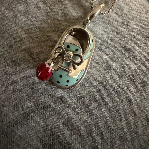 Charming AB 18k gold Baby Shoe Necklace with Red Ladybug and 0.01 diamond.